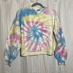 Debut Tie Dye Swirl Knit Sweater Blue Pink Yellow Crew Neck Fuzzy Size‎ M/L